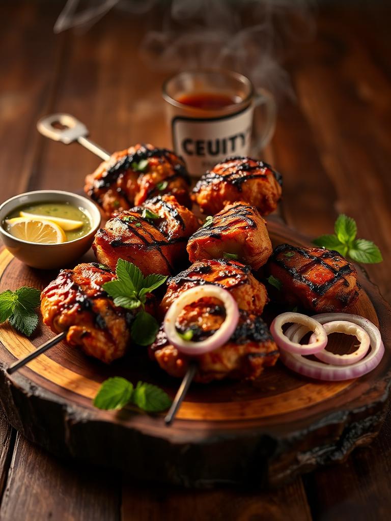 Smoky charcoal-grilled chicken kebab