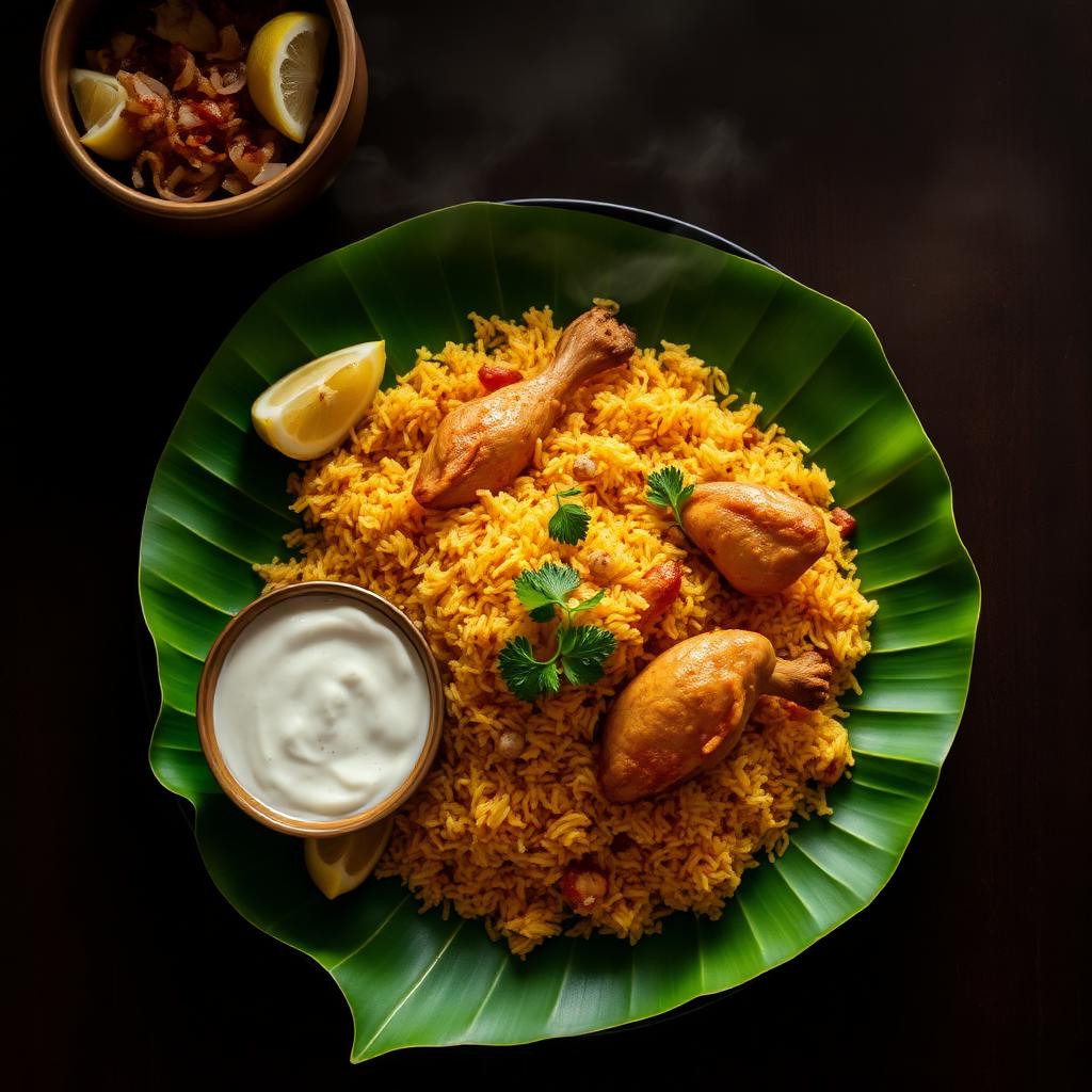 Steaming Thalassery biryani on a banana leaf with brass raita bowl