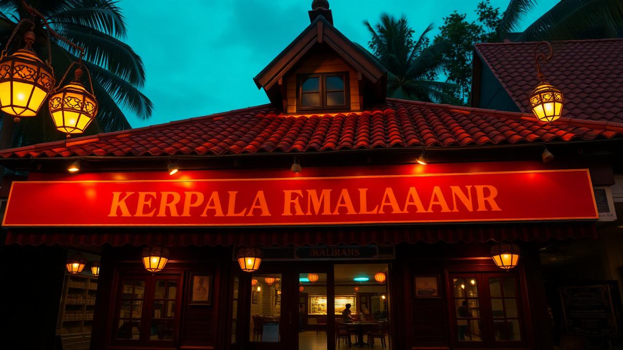 Traditional Kerala restaurant storefront at dusk